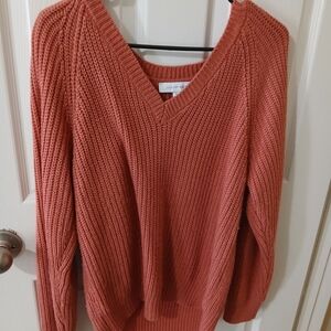 V-Neck Ribbed Knit Women's Sweater - Rust